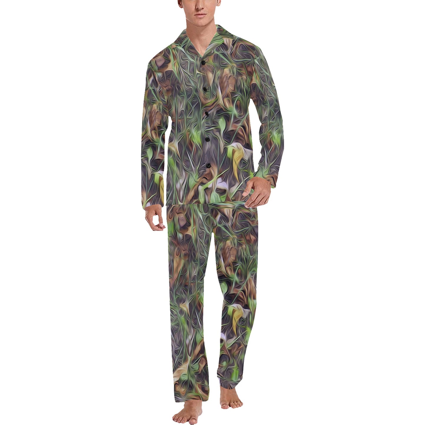 Camouflage Realistic Tree Print Men's Long Pajama Set