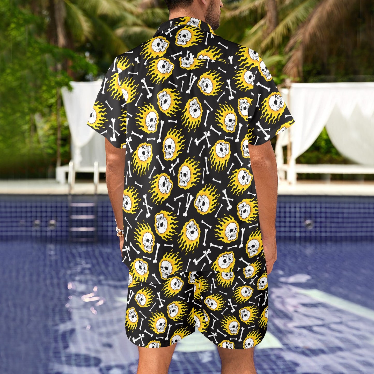 flaming skulls Design Print Pattern JJ0179 Men's Beach Shirt and Shorts Set