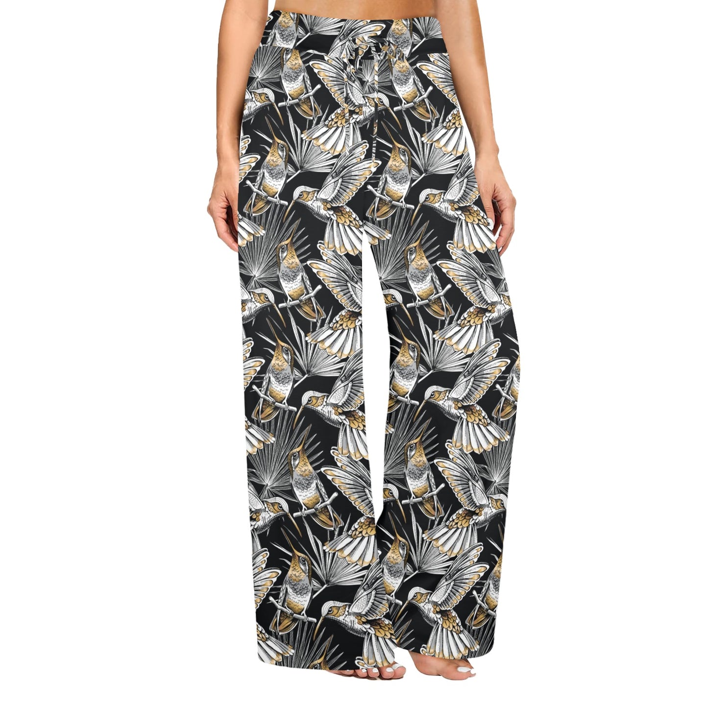 Hummingbird Gold Design Themed Print Women's Wide Leg Lounge Pants