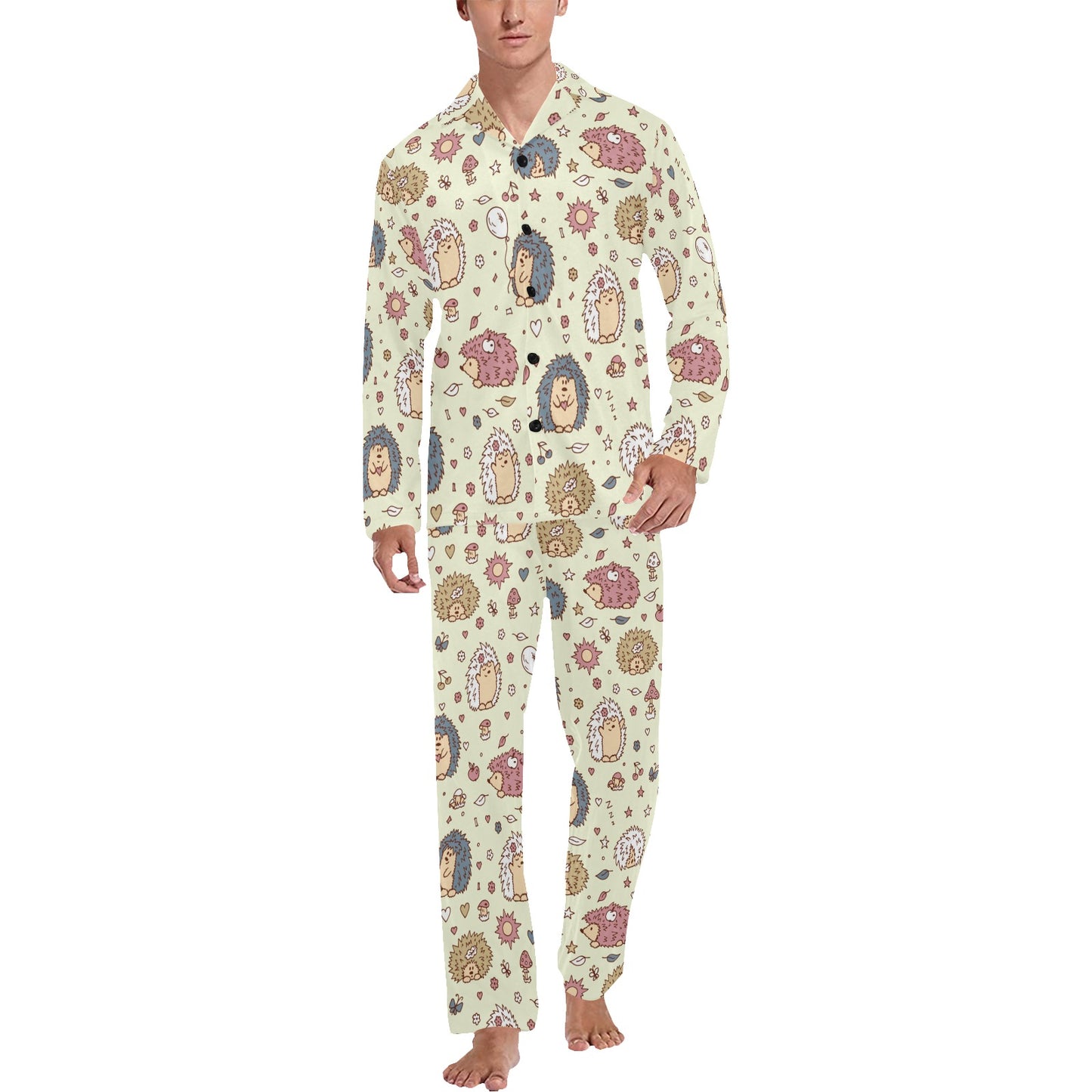 Hedgehog Cute Pattern Print Design 01 Men's Long Pajama Set