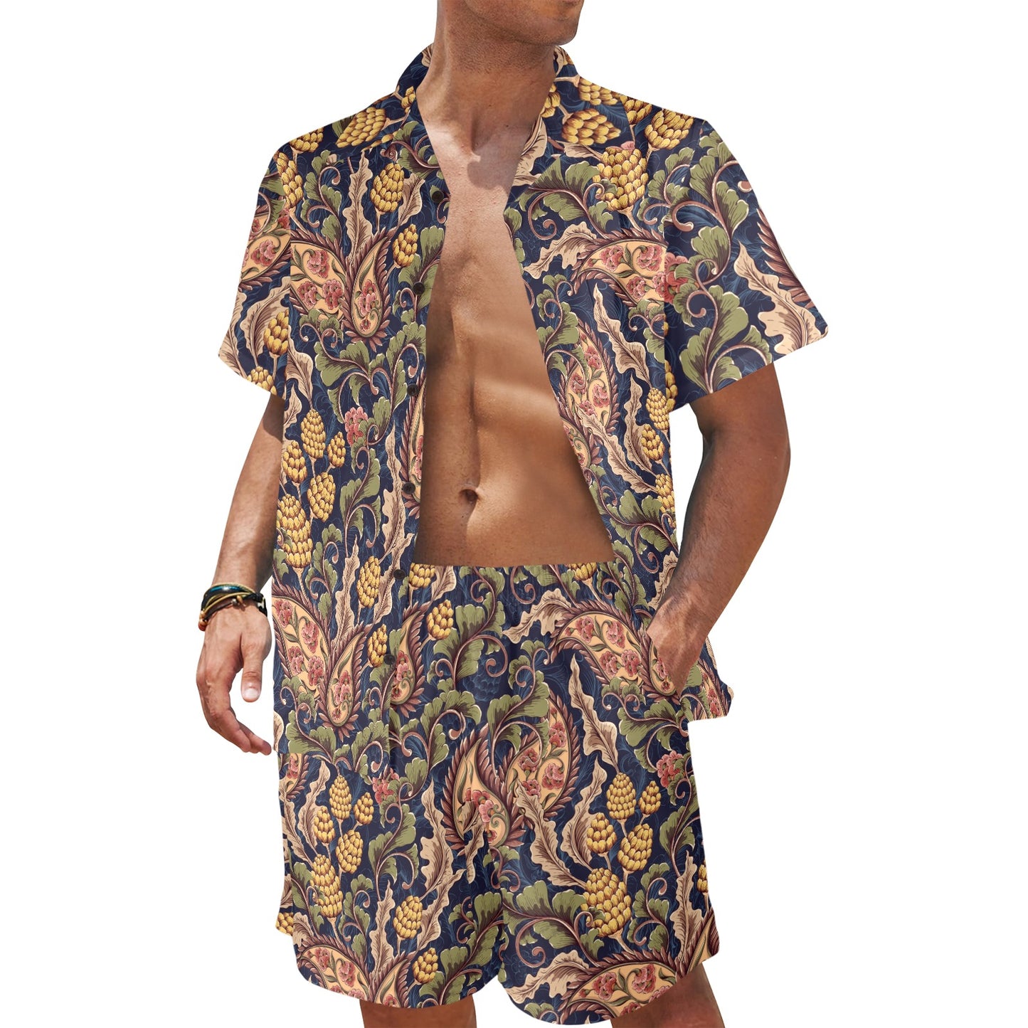 Floral Vintage Classic Print Men's Beach Shirt and Shorts Set