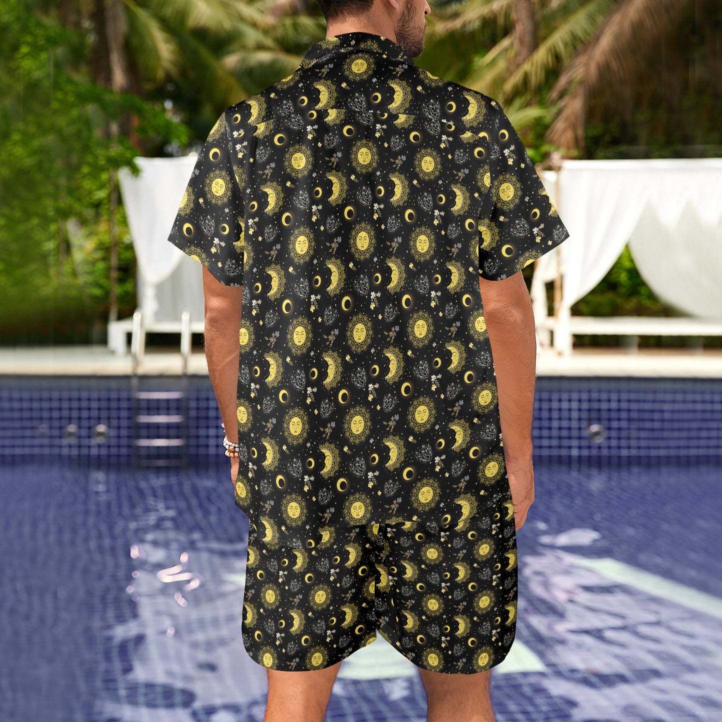Sun Moon Golden Design Themed Print Men's Beach Shirt and Shorts Set