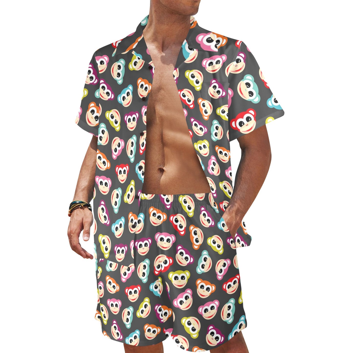 Monkey Head Design Themed Print Men's Beach Shirt and Shorts Set