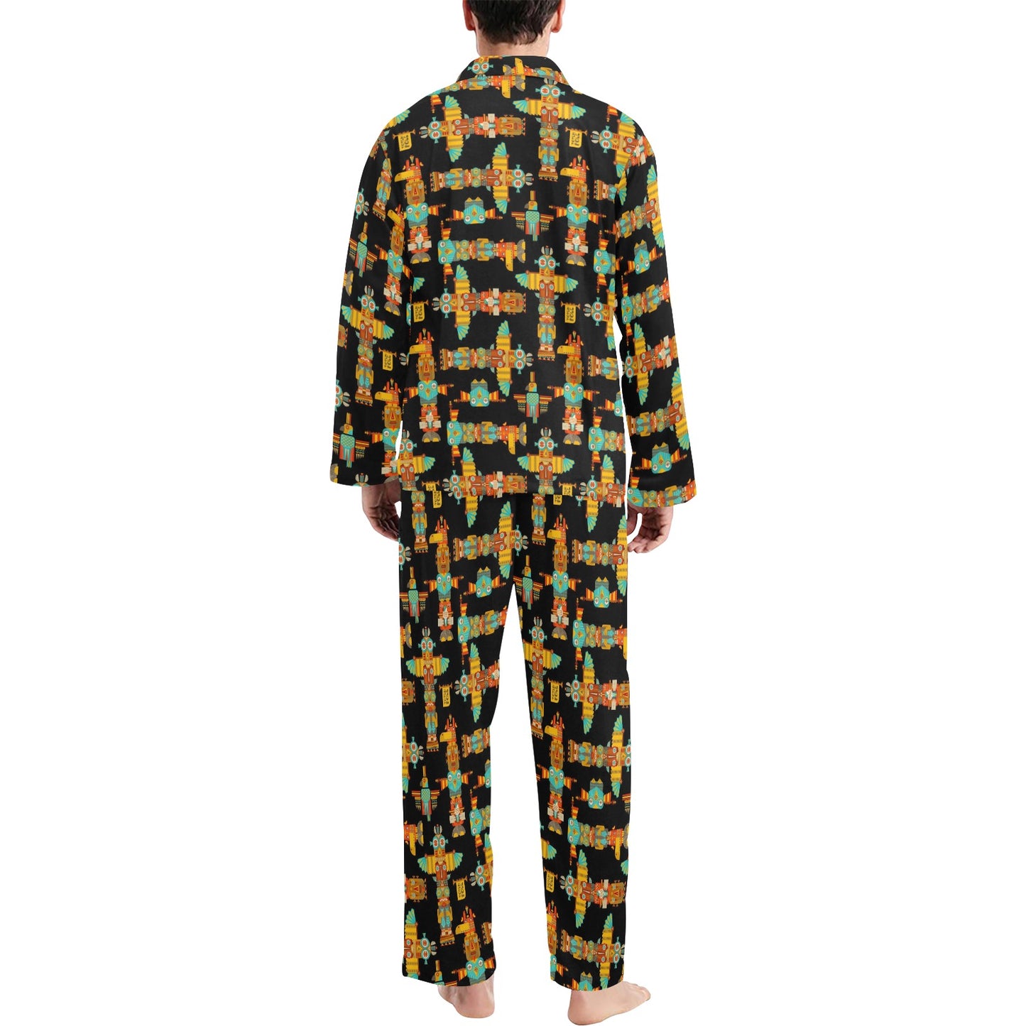 Totem Pole Cartoon Print Men's Long Pajama Set