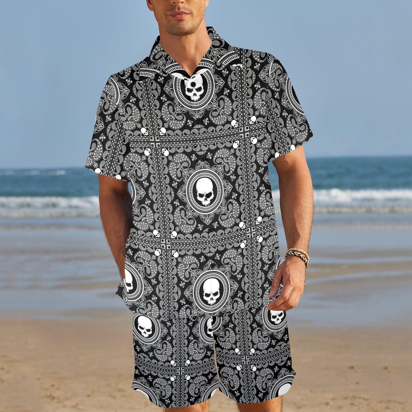 Bandana Skull Print Design LKS303 Men's Beach Shirt and Shorts Set