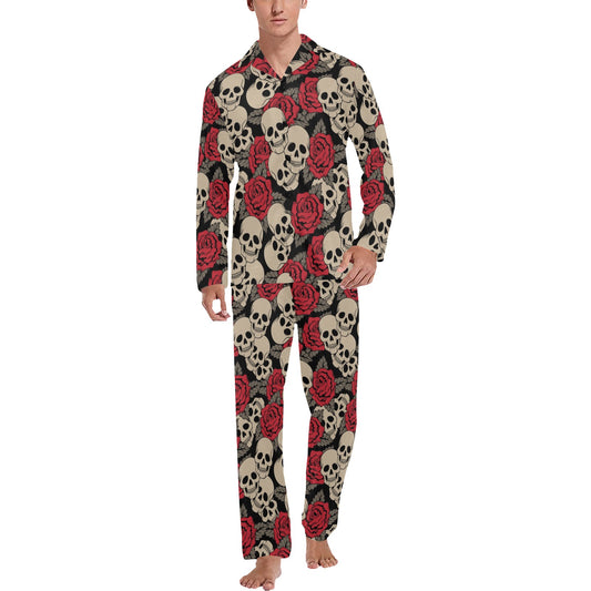 Skull And Roses Print Design LKS301 Men's Long Pajama Set