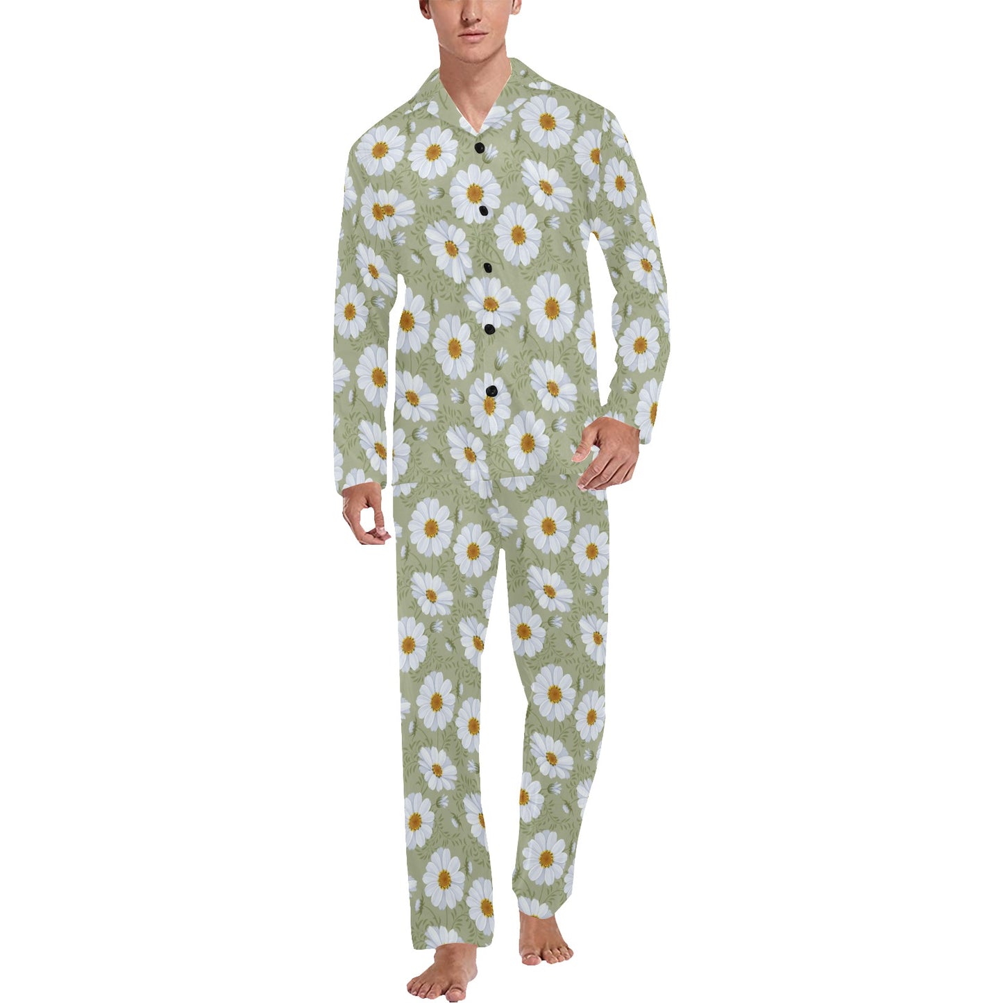 Daisy Yellow Print Pattern Men's Long Pajama Set