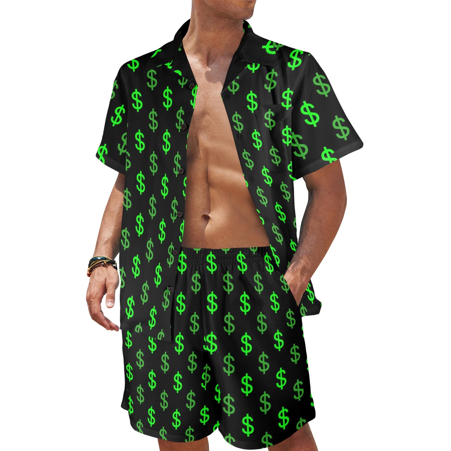 Dollar symbol Design Print Pattern JJ0121 Men's Beach Shirt and Shorts Set