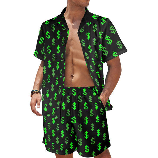 Dollar symbol Design Print Pattern JJ0121 Men's Beach Shirt and Shorts Set