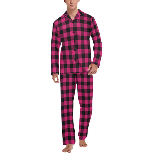 Pink Tartan Plaid Pattern Men's Long Pajama Set