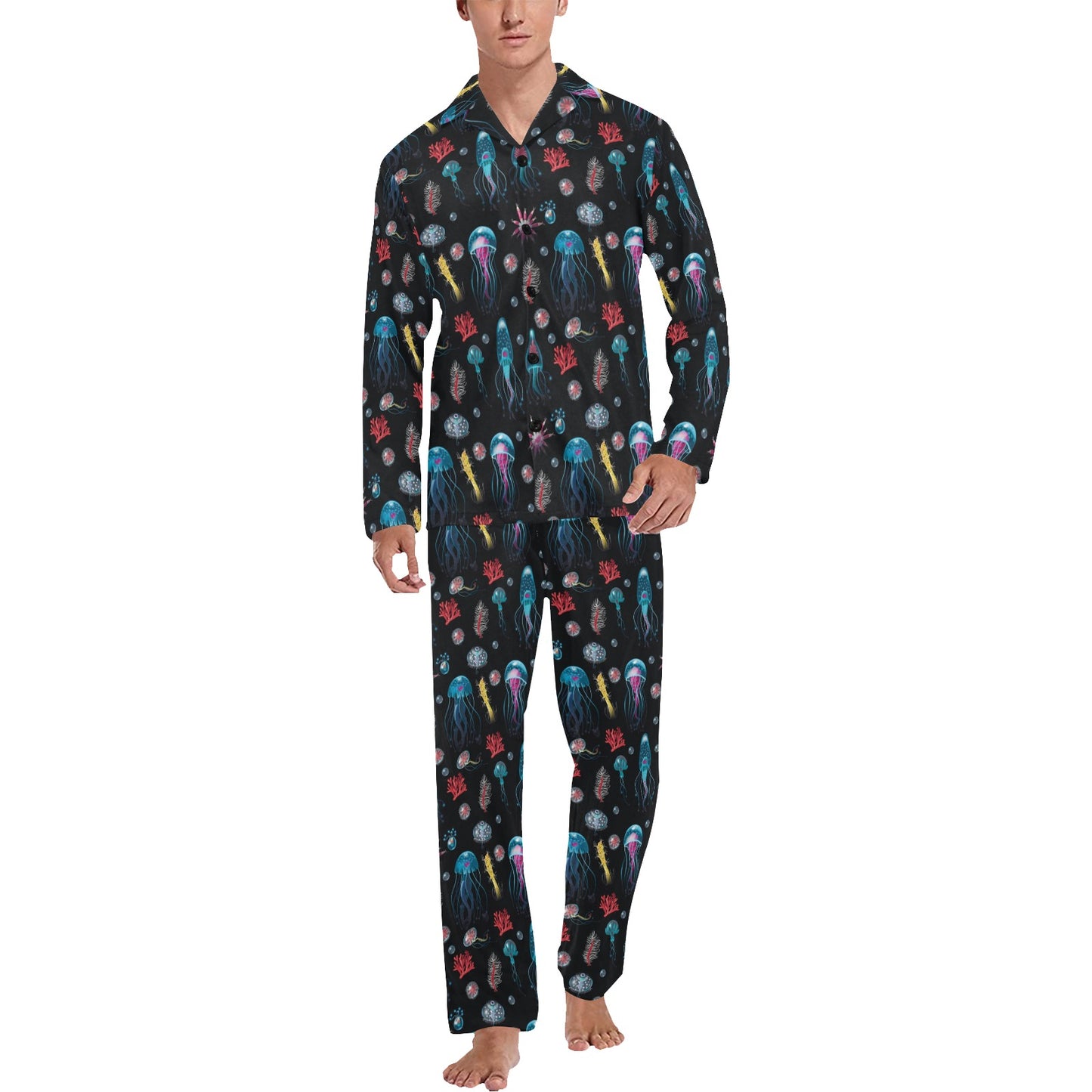 Jellyfish Underwater Print Men's Long Pajama Set