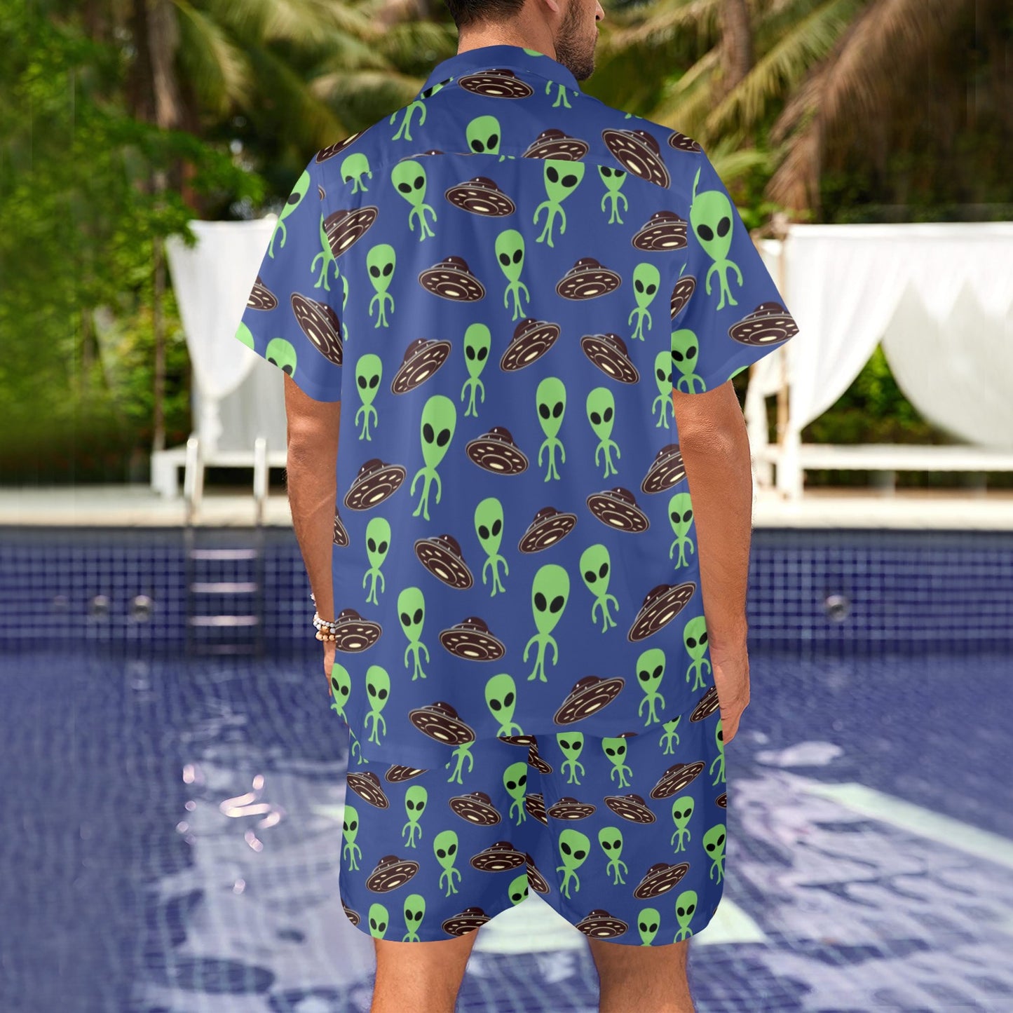 Alien Green UFO Pattern Men's Beach Shirt and Shorts Set