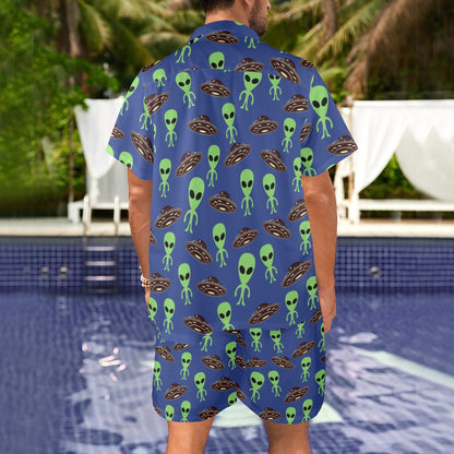 Alien Green UFO Pattern Men's Beach Shirt and Shorts Set