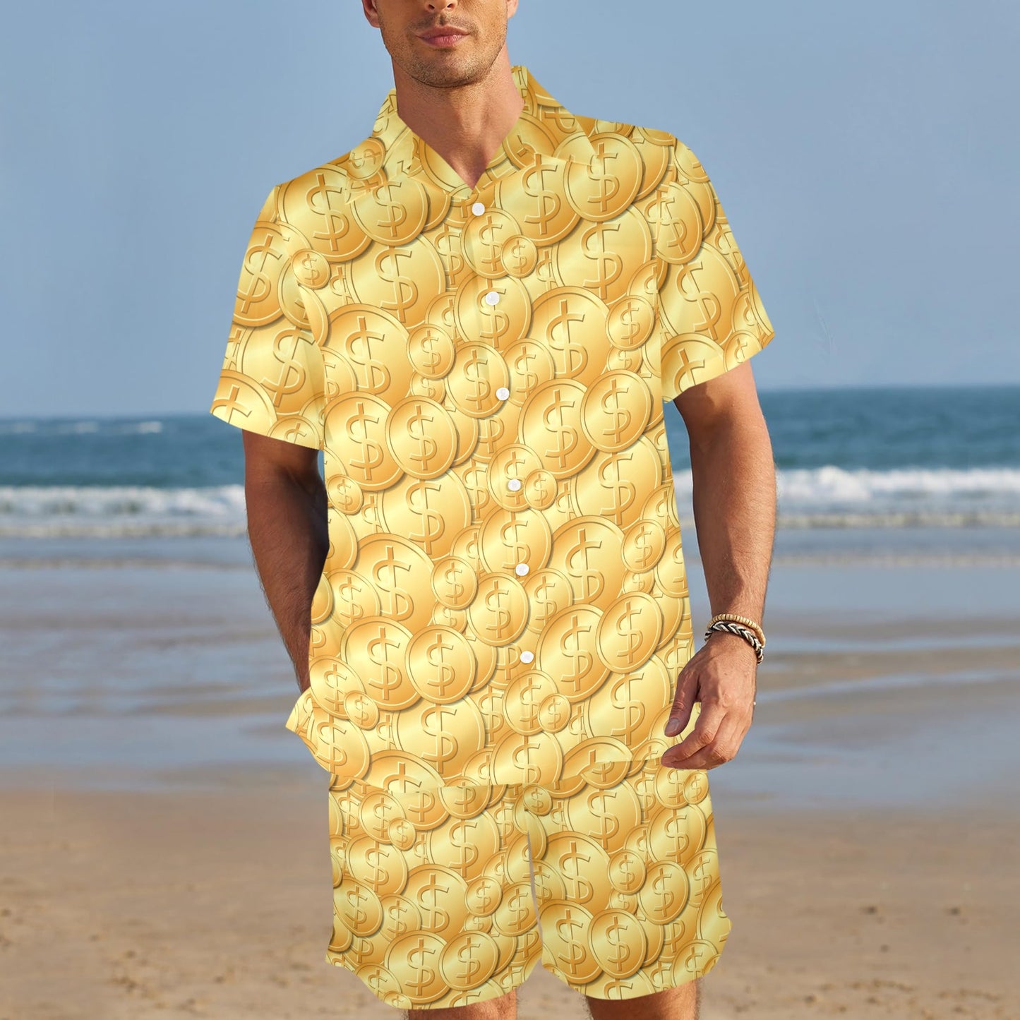 Dollar Pattern Print Design DO03 Men's Beach Shirt and Shorts Set