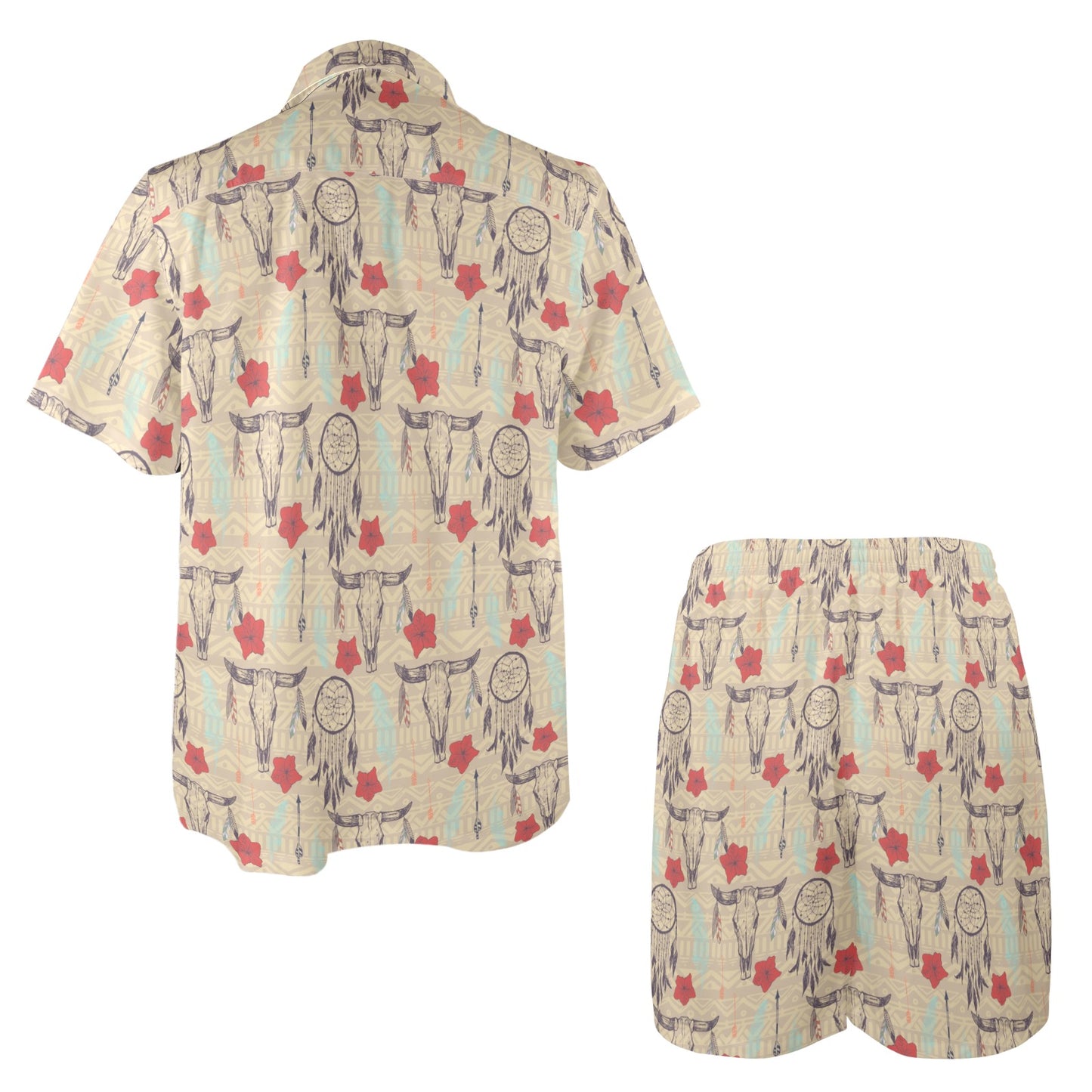 Native Buffalo Head Themed Design Print Men's Beach Shirt and Shorts Set