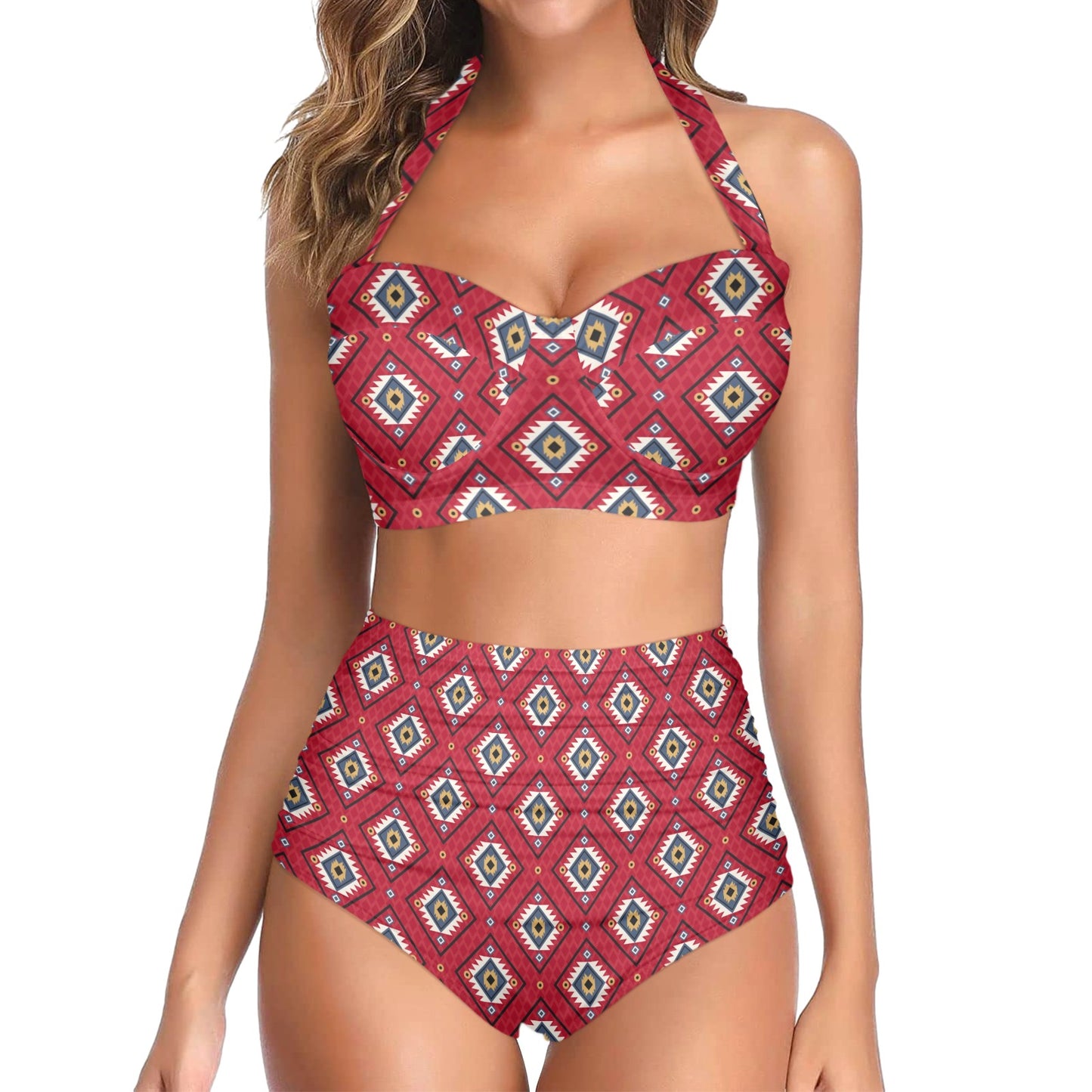 Aztec Pattern Print Design 10 Halter Neck Bikini Swimsuit