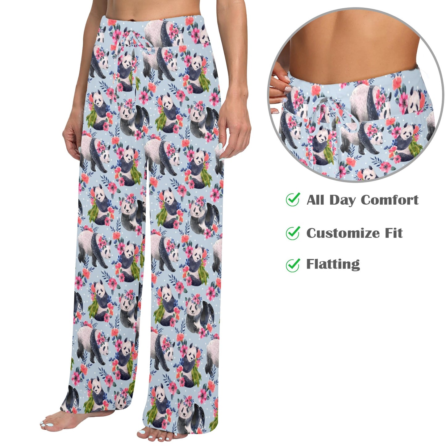 Panda Bear Flower Design Themed Print Women's Wide Leg Lounge Pants