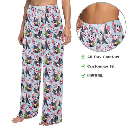 Panda Bear Flower Design Themed Print Women's Wide Leg Lounge Pants