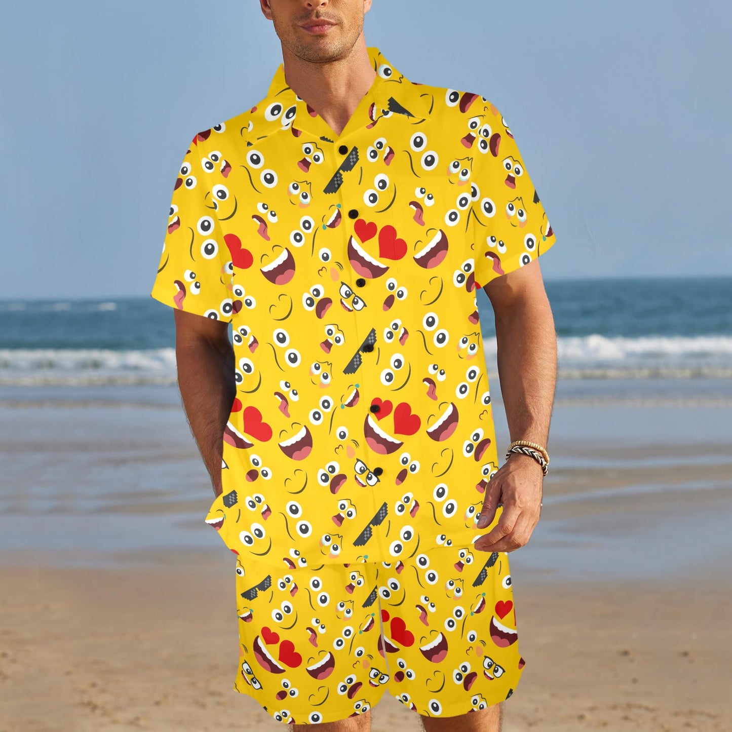 Emoji Face Print Pattern Men's Beach Shirt and Shorts Set