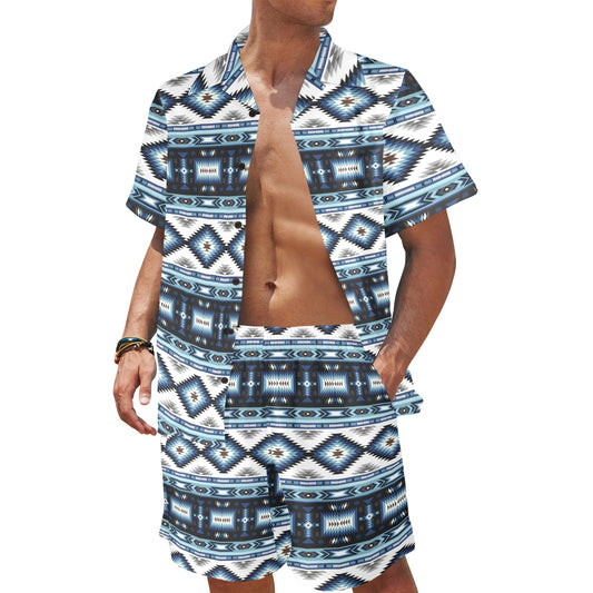 Navajo Dark Blue Print Pattern Men's Beach Shirt and Shorts Set