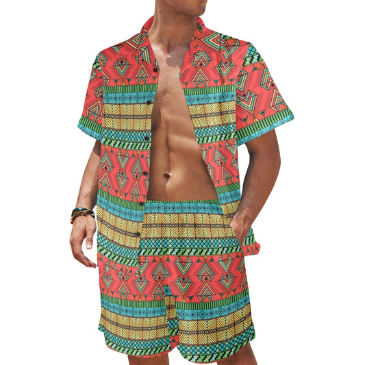 African Colorful Zigzag Print Pattern Men's Beach Shirt and Shorts Set