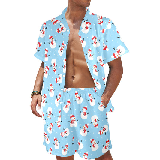 Snowman Print Design LKS305 Men's Beach Shirt and Shorts Set
