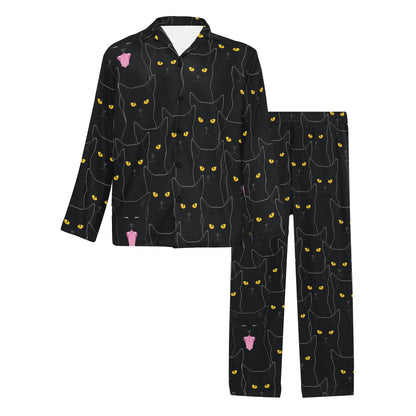 Black Cat Yellow Eyes Print Pattern Men's Long Pajama Set