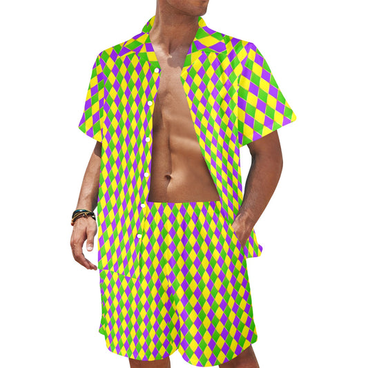 Mardi Gras Pattern Print Design 01 Men's Beach Shirt and Shorts Set