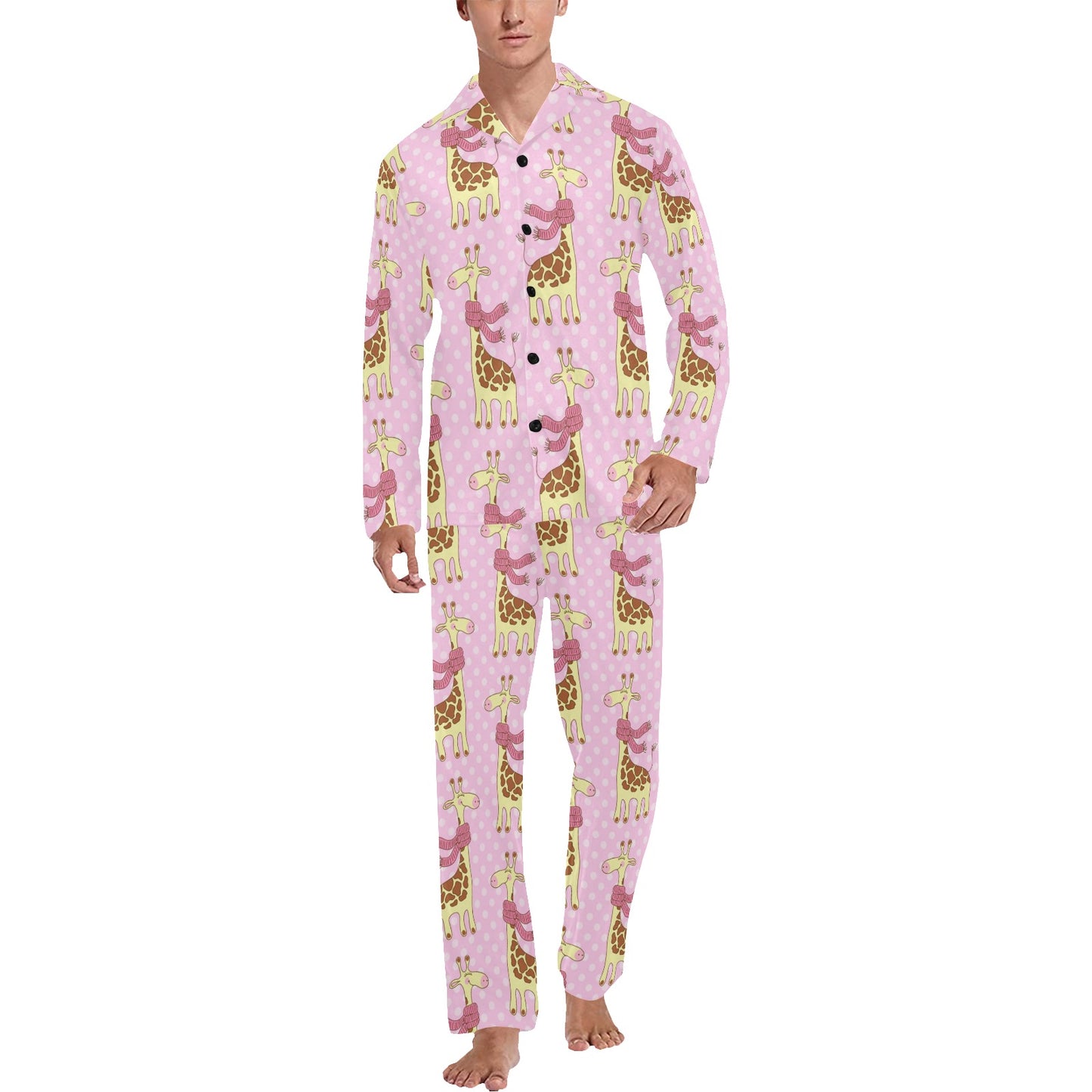 Giraffe Cute Pink Polka Dot Print Men's Long Pajama Set