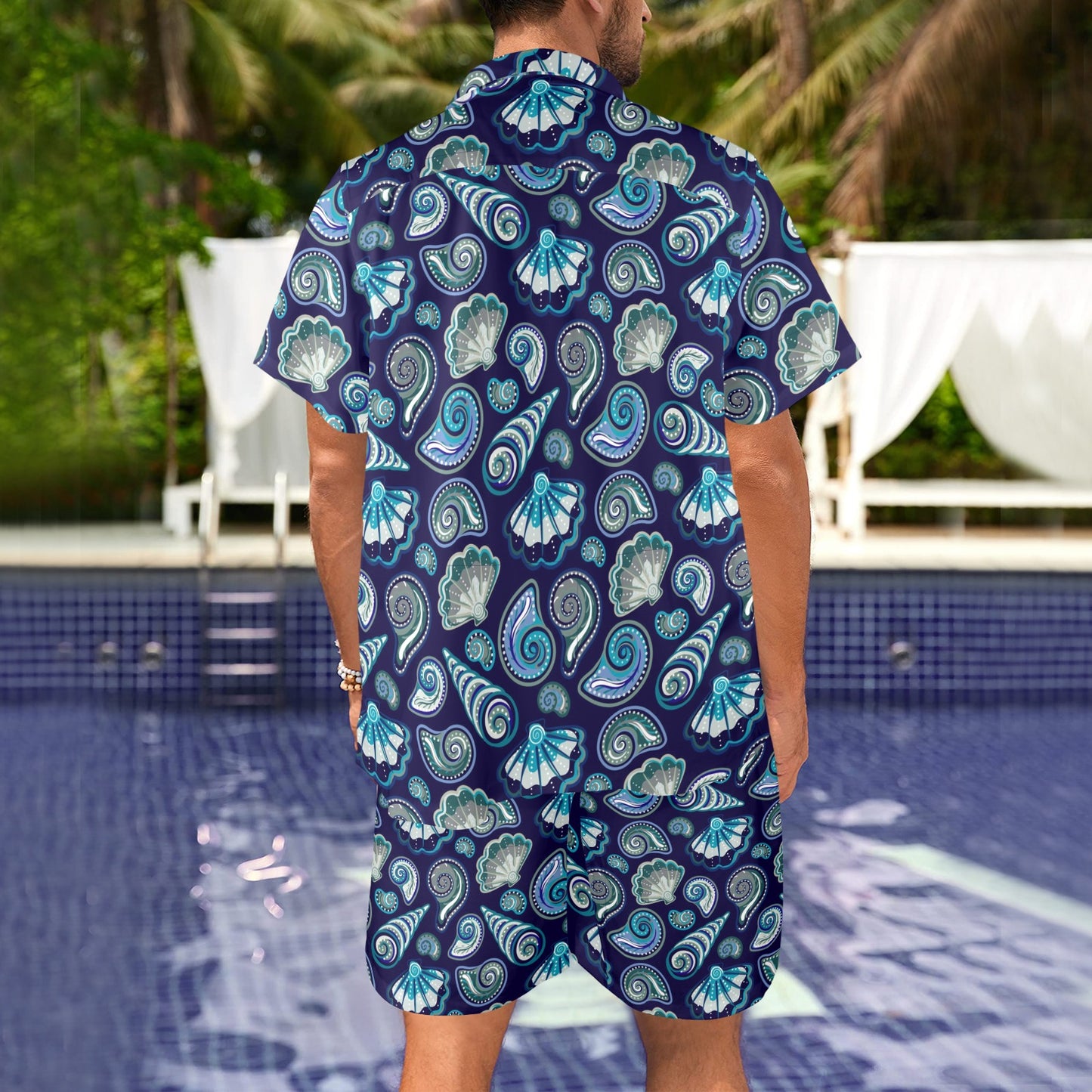 Beach Seashell Blue Print Men's Beach Shirt and Shorts Set