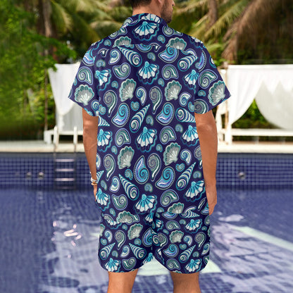 Beach Seashell Blue Print Men's Beach Shirt and Shorts Set