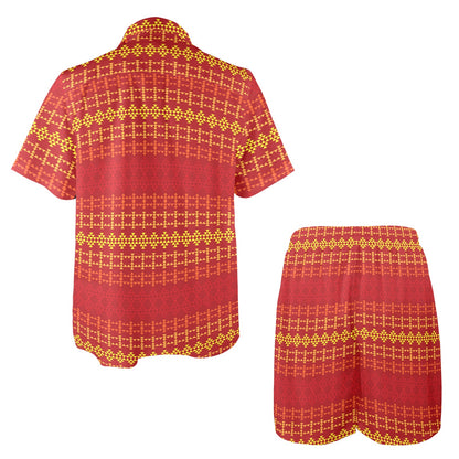 Southwest Red Gold Design Themed Print Men's Beach Shirt and Shorts Set