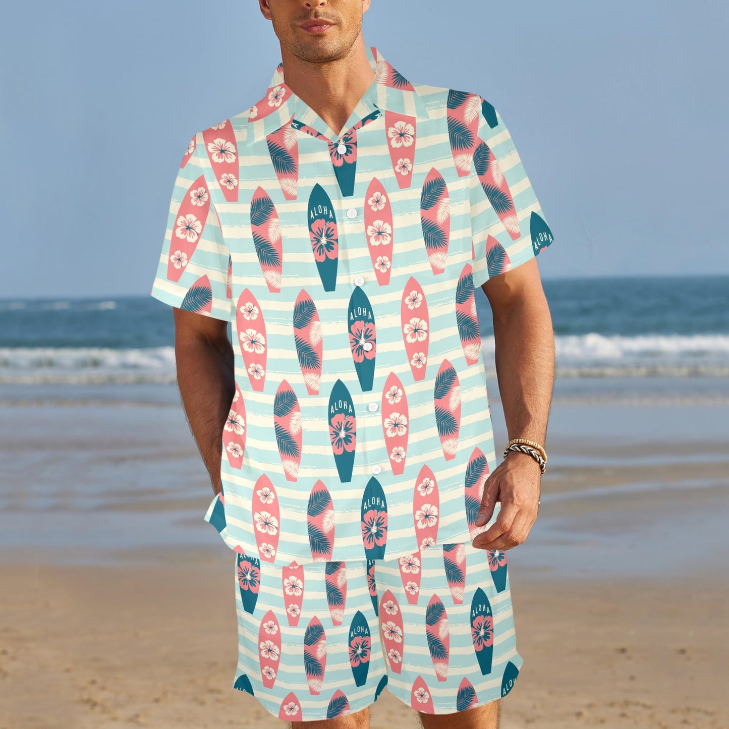 Aloha Hawaii Surfboard Pattern Print Design 02 Men's Beach Shirt and Shorts Set