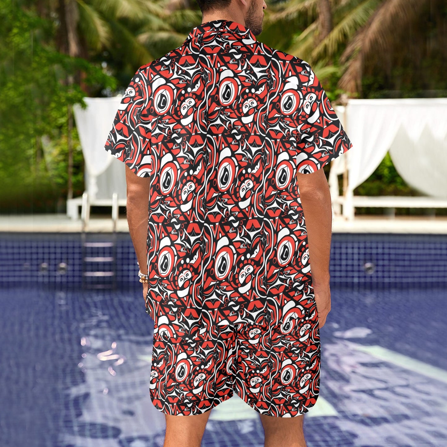Native North American Themed Print Men's Beach Shirt and Shorts Set