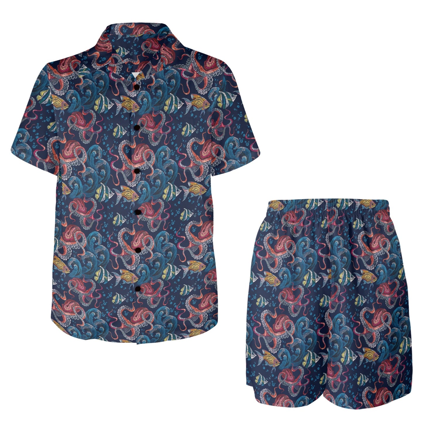 Octopus Deep Sea Print Themed Men's Beach Shirt and Shorts Set