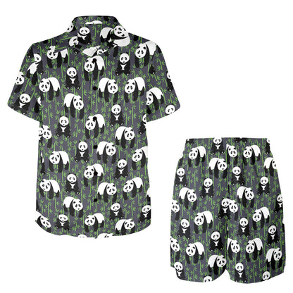 Panda Bear Bamboo Themed Print Men's Beach Shirt and Shorts Set