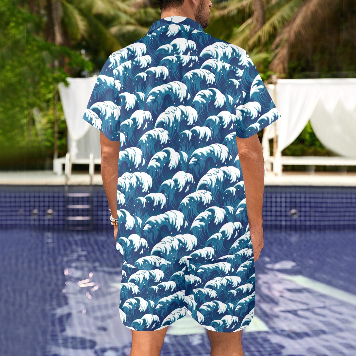 Ocean Wave Pattern Print Men's Beach Shirt and Shorts Set