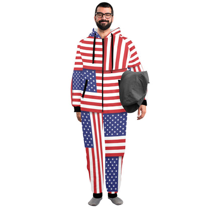 Patriotic US Flag Pattern Print Design A01 Hooded Fleece Onesie Pajama Jumpsuit