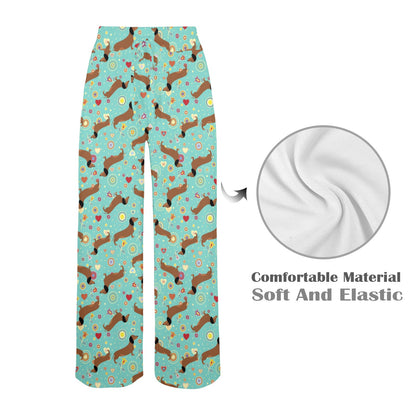 Dachshund with Floral Print Pattern Women's Wide Leg Lounge Pants