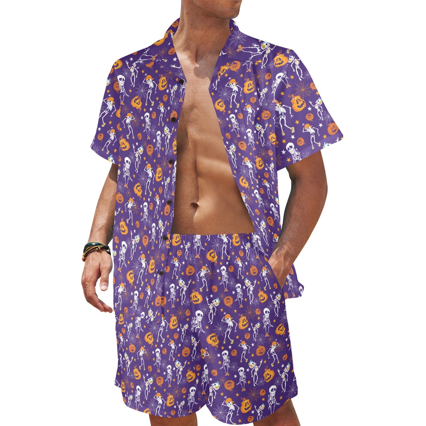 Skeleton Halloween Dance Print Design LKS304 Men's Beach Shirt and Shorts Set