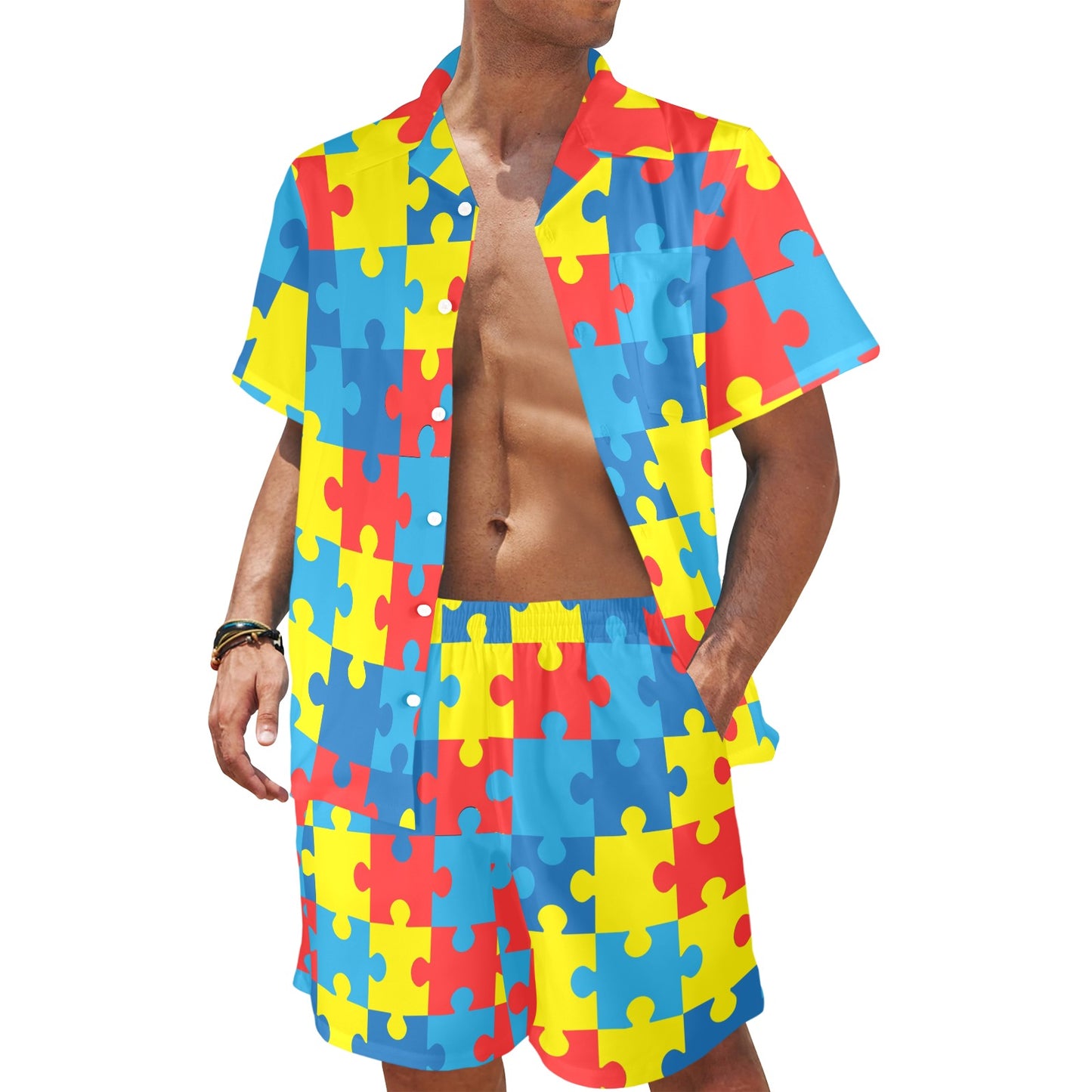 Autism Awareness Puzzles Design Print Men's Beach Shirt and Shorts Set
