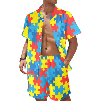 Autism Awareness Puzzles Design Print Men's Beach Shirt and Shorts Set