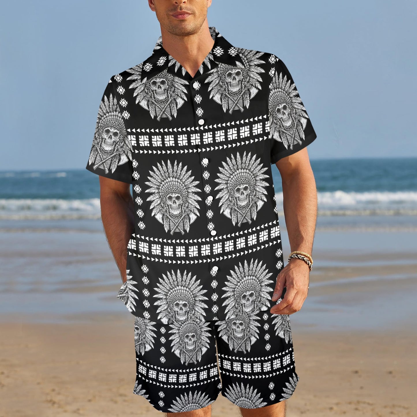 Native American Indian Skull Men's Beach Shirt and Shorts Set