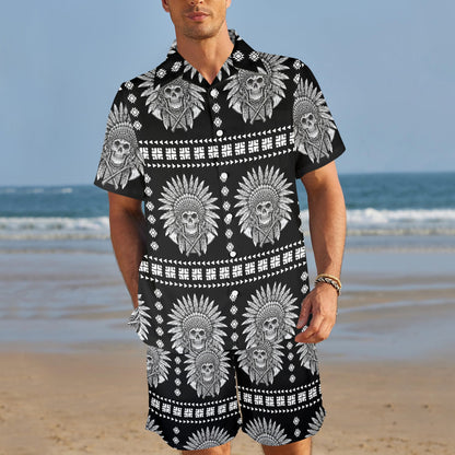 Native American Indian Skull Men's Beach Shirt and Shorts Set