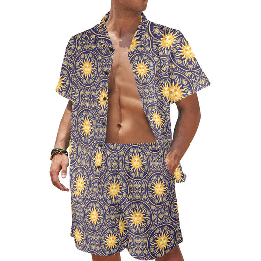 Celestial Gold Sun Face Men's Beach Shirt and Shorts Set