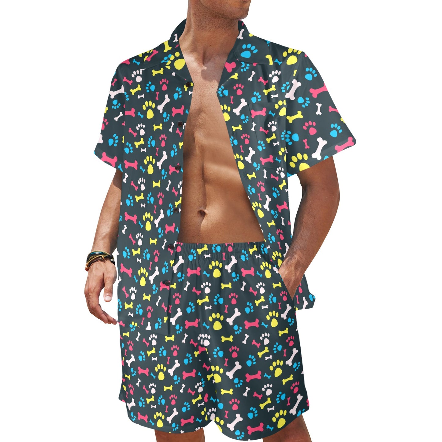 Paw Design Print Men's Beach Shirt and Shorts Set