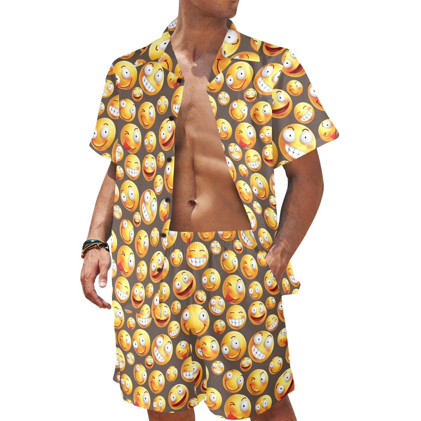 Smiley Face Emoji Print Design LKS303 Men's Beach Shirt and Shorts Set