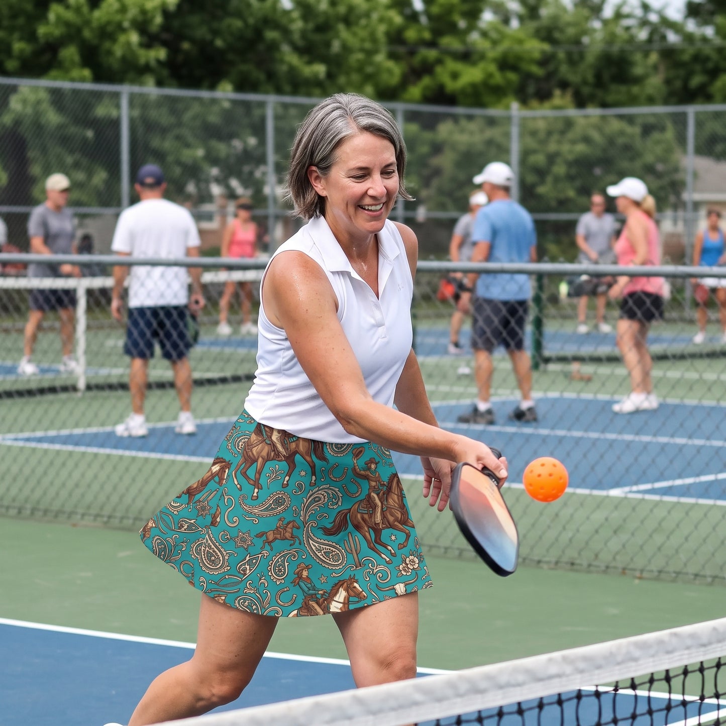 Western Cowgirl Horse Paisley Seamless Pattern Turquoise 17" Golf & Pickleball Skort with Pockets