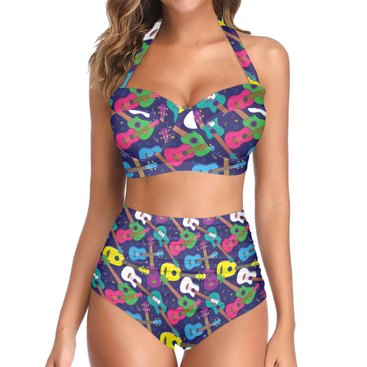 Ukulele Pattern Print Design 02 Halter Neck Bikini Swimsuit