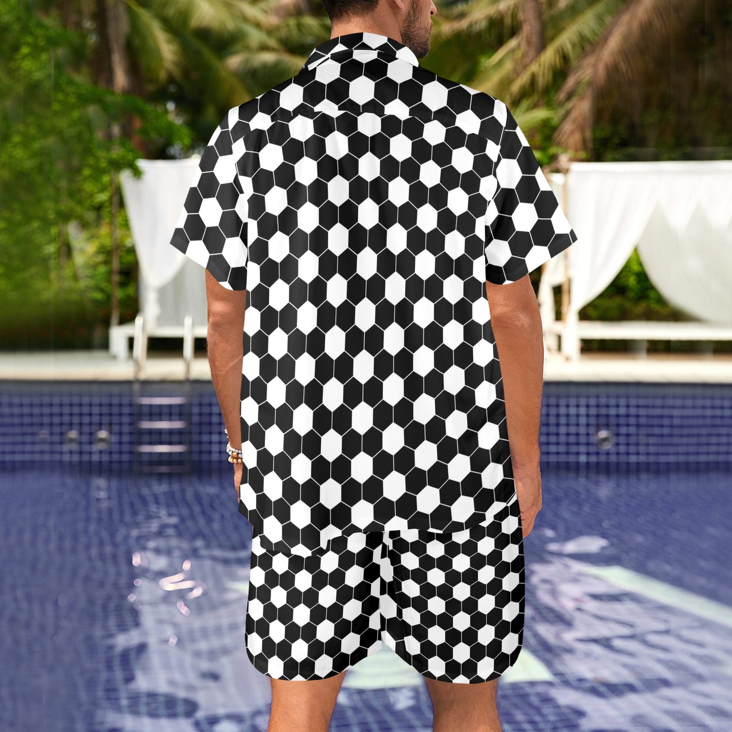 Hexagonal black white Design Print Pattern JJ0341 Men's Beach Shirt and Shorts Set
